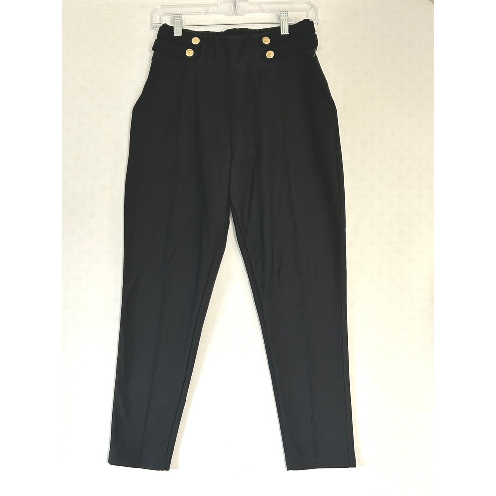 Harper Black High Waisted Sailor Button Trousers Petite Large Pull On Stretch - Picture 1 of 10
